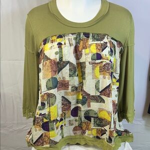POL Olive and Multicolor Patchwork Bohemian Style Blouse oversized small